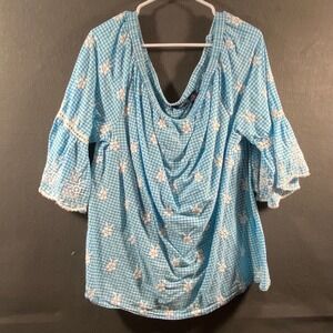 cotton Woman‎ top 3X Blue Gingham Embroidered Bell summer Cottagecore picnic